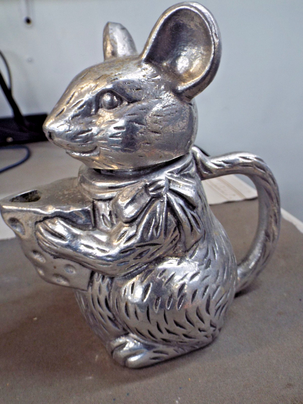 Vintage Mouse Pitcher holding Cheese Figural Cast Metal Pewter Tone marked CBK